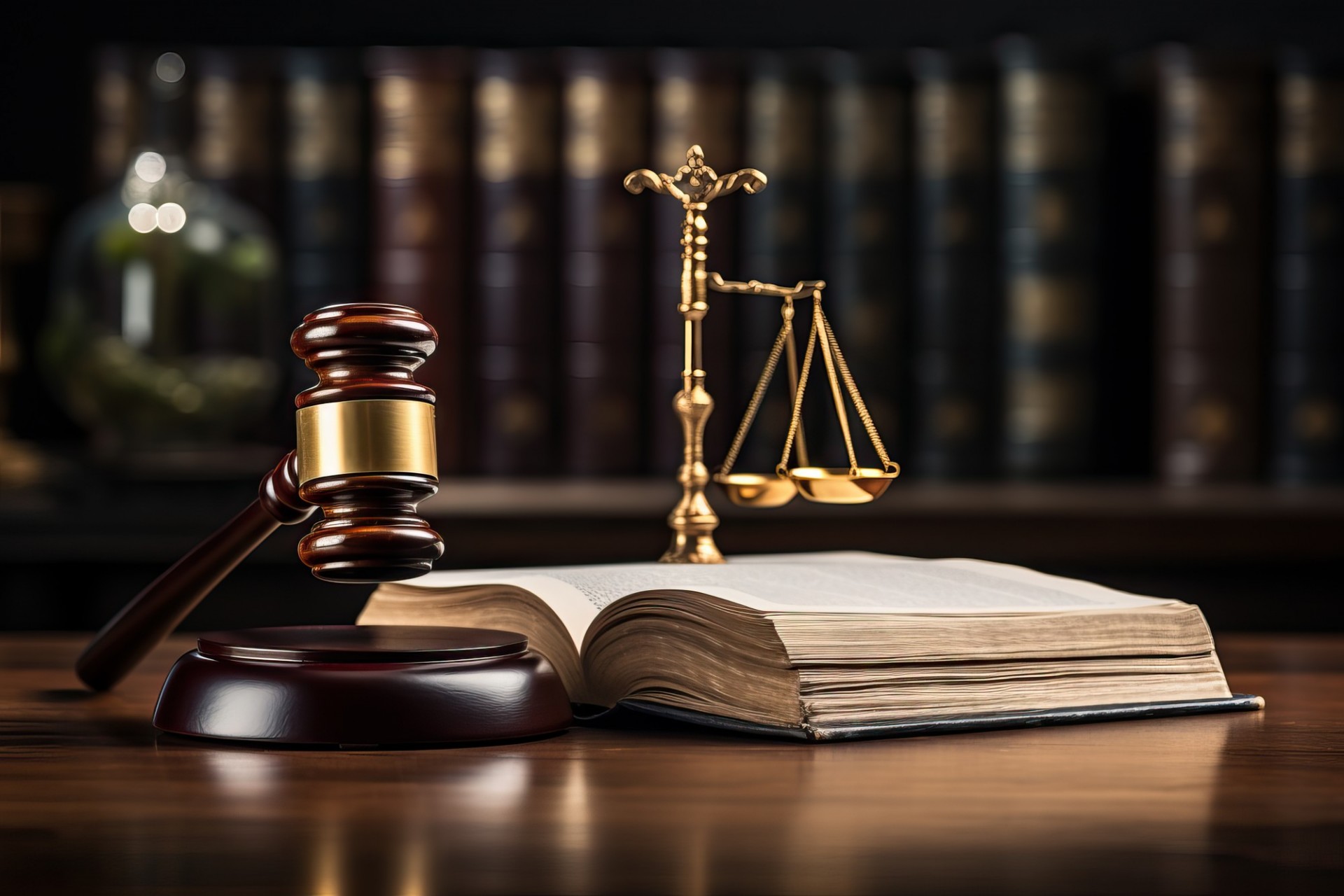 open law book on a table with the scales of justice and the judge's gavel