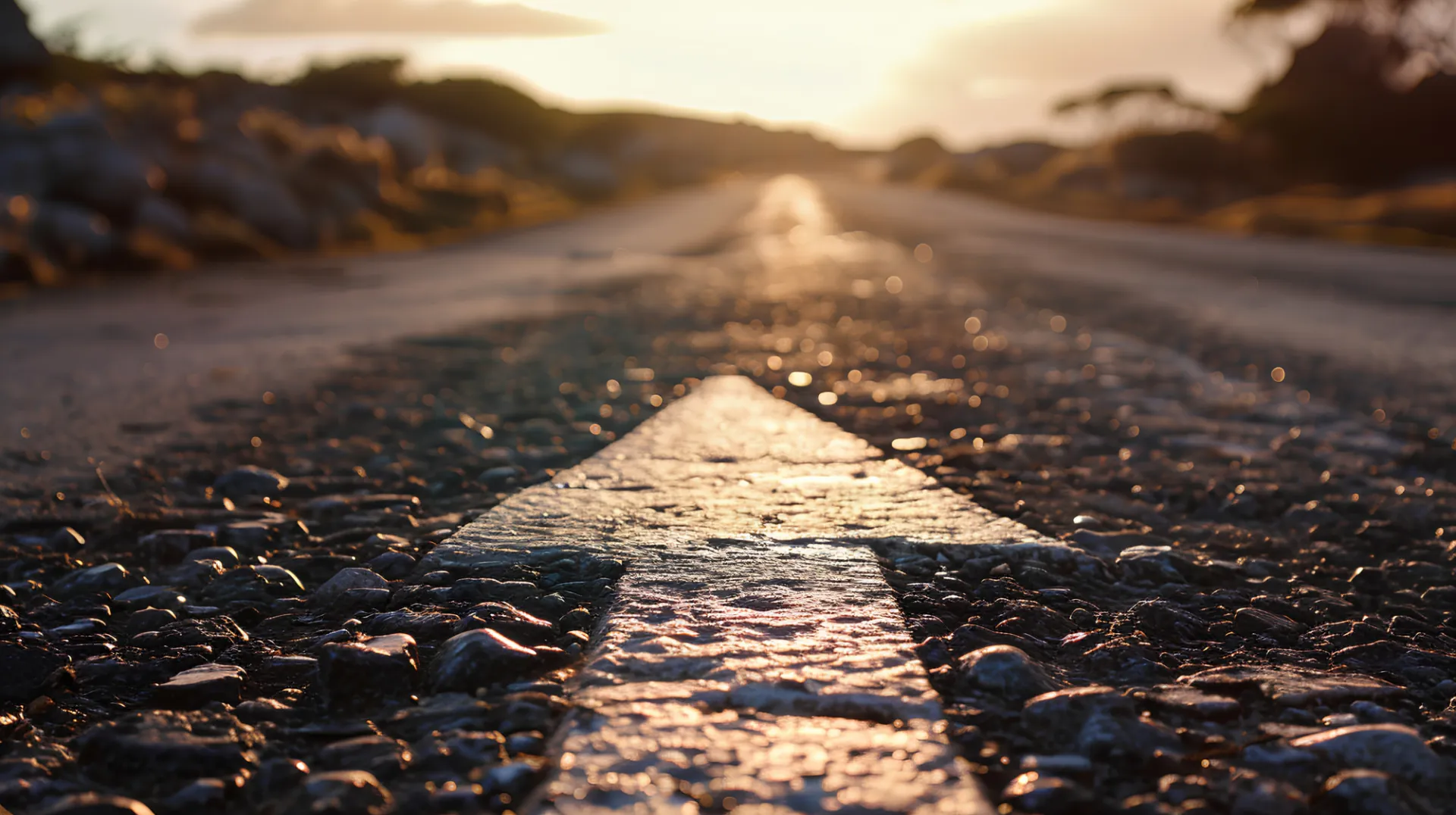 Close-up of an asphalt road with a continuous white line down the center, seen from ground level. The road stretches towards the horizon at sunset, symbolizing direction, continuity, and future prospects.