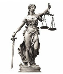 Statute of lady justice, blindfolded and holding in her right had the sword of justice and the left hand the scales of justice