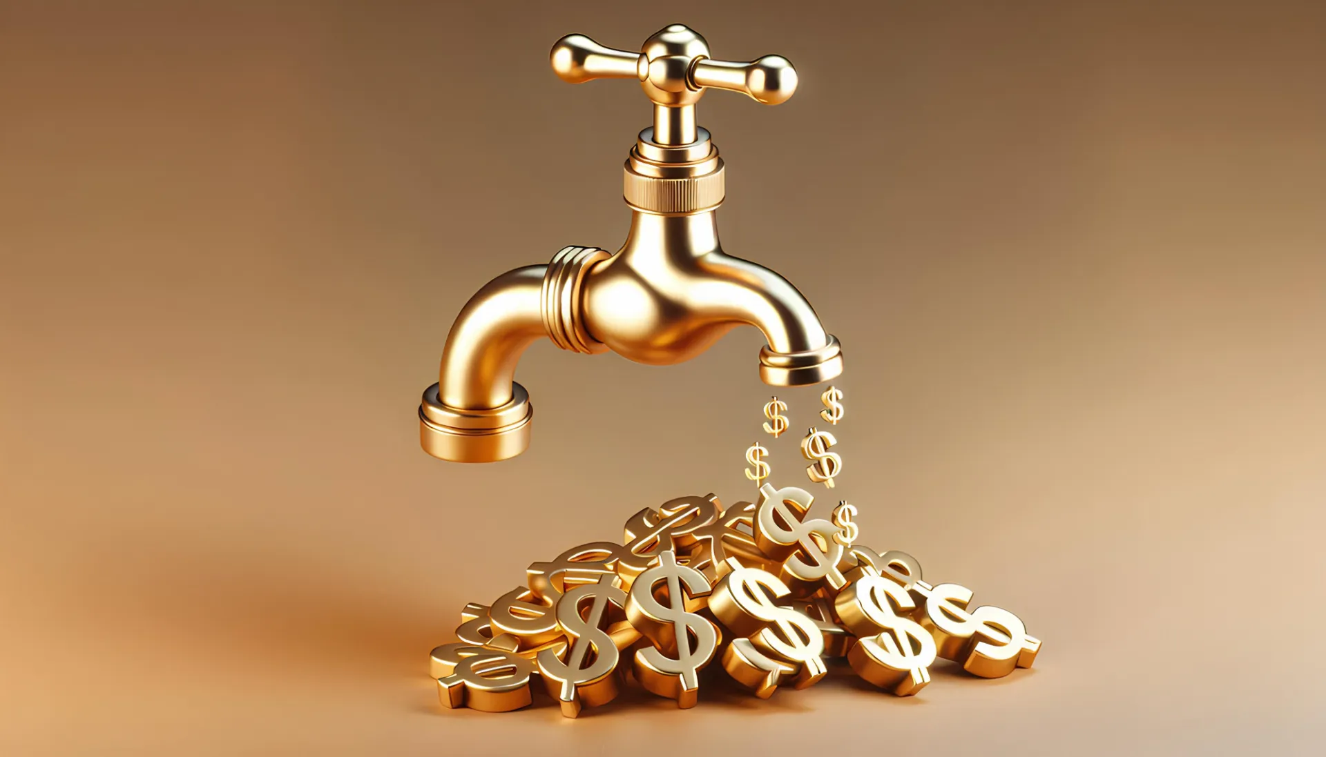 Gold faucet with a gold background spilling gold dollar signs