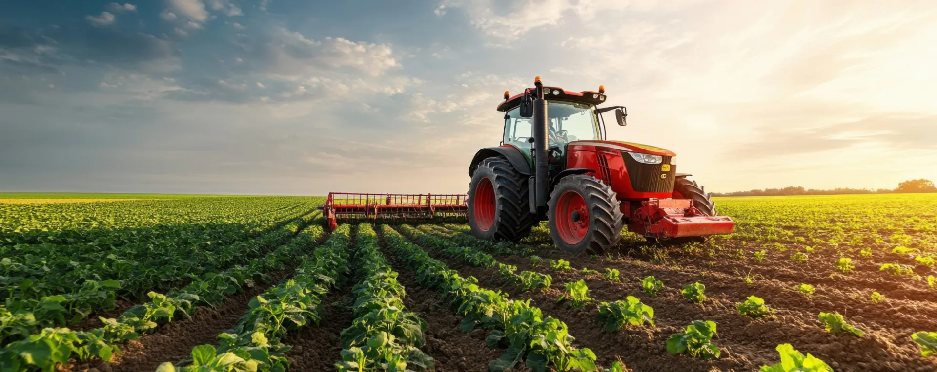 a red tractor plowing a field at sunrise
