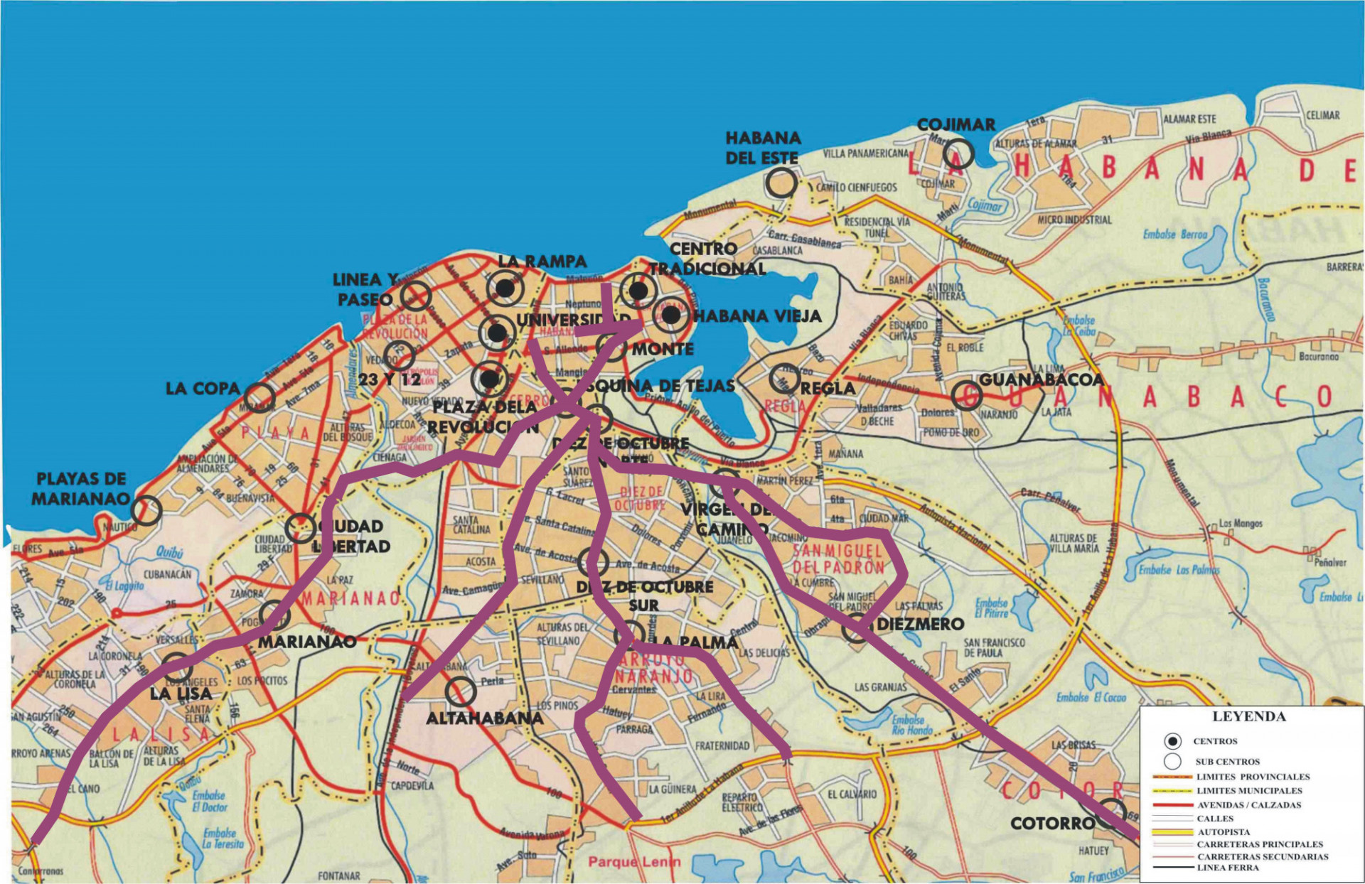 Topographic map showing the streets of Havana, highlighting the main avenues (Calzadas) described in the article