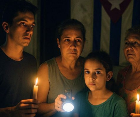 una familia reunida en un apagón mirando de frente con velas y linterna