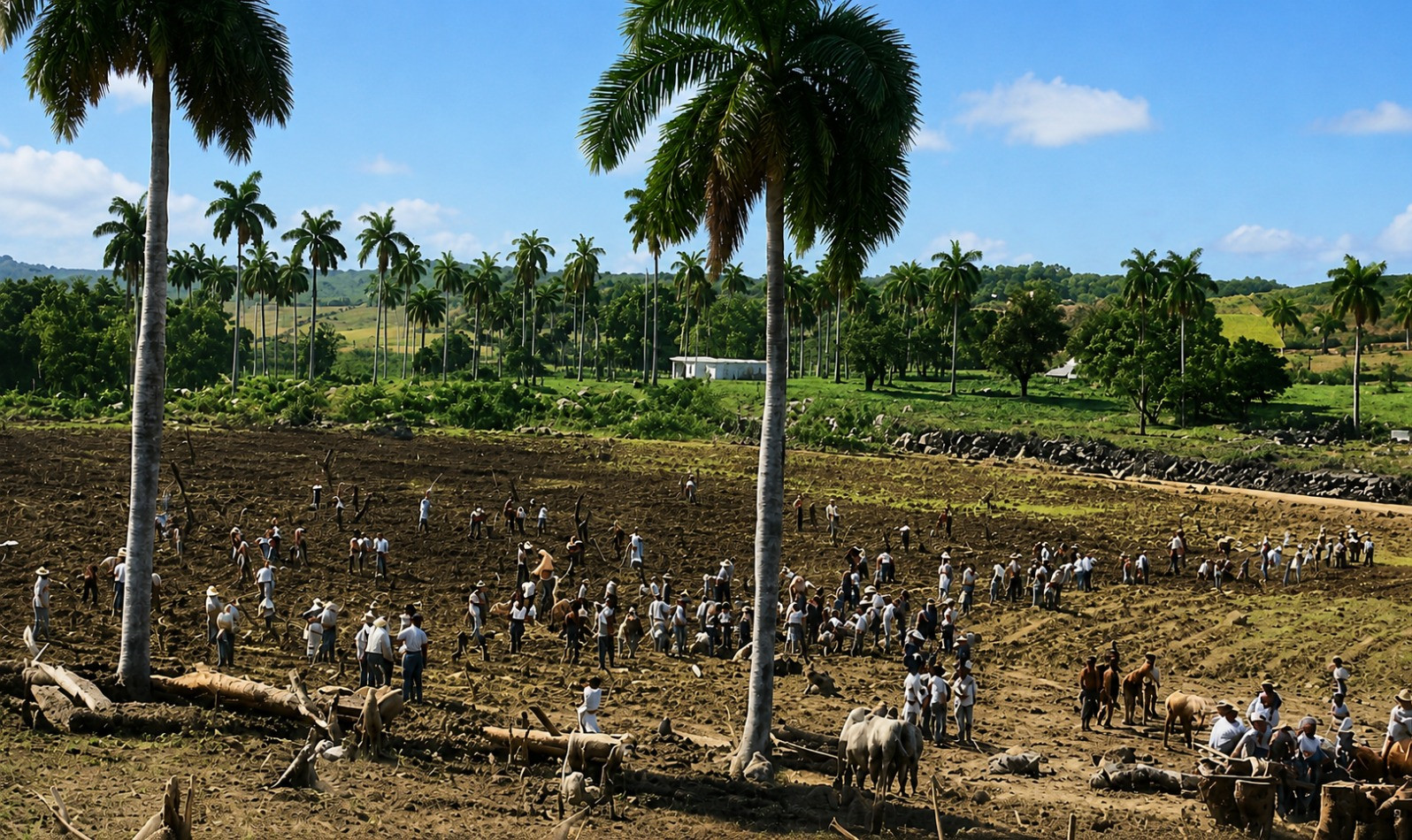 The Cuban countryside with palm trees, blue sky and people dotted throughout the land