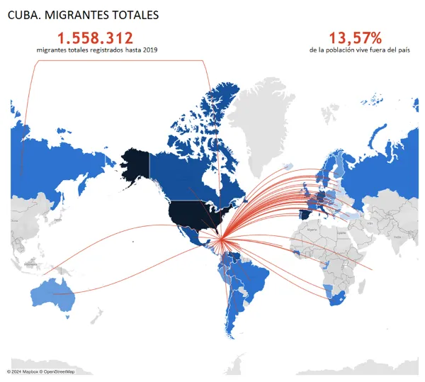 mapa de la emigración cubana hacia numerosos países del mundo