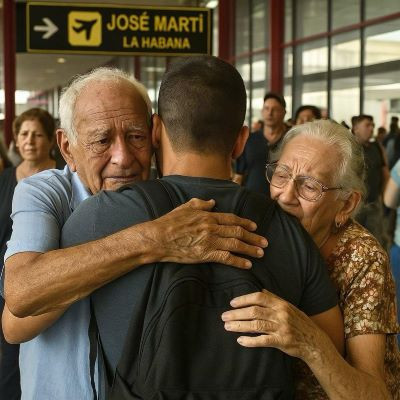 "Despedida familiar en el Aeropuerto José Martí, representando simbólicamente la emigración cubana.", ChatGPT. (2025, abril 20). Imagen generada por IA. hombre canoso de camisa azul y mujer canosa abrazando a un joven en el aeropuerto de La Habana