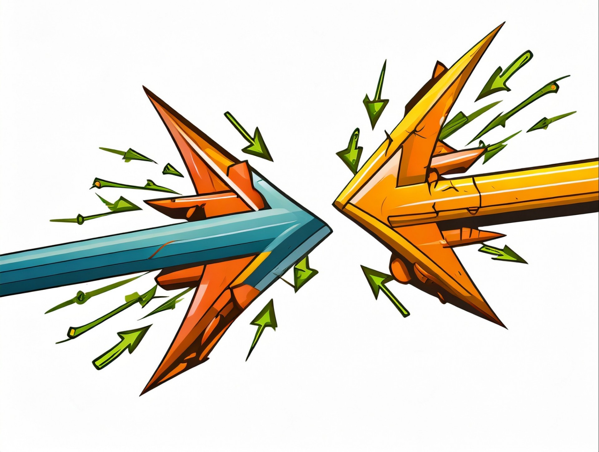 Two arrows, each surrounded by smaller arrows about to collide