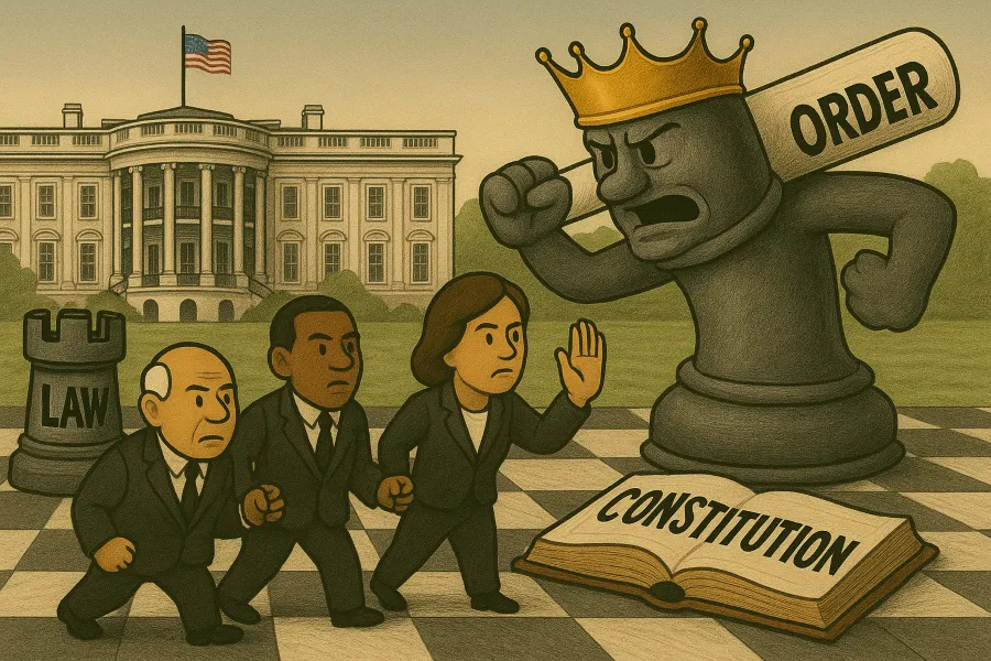 King on a chessboard waving a bat with the word "order"and threatening a rook identified as "law" and lawyers in the forefront signaling halt and frustration looking at the "constitution" standing between them and the king