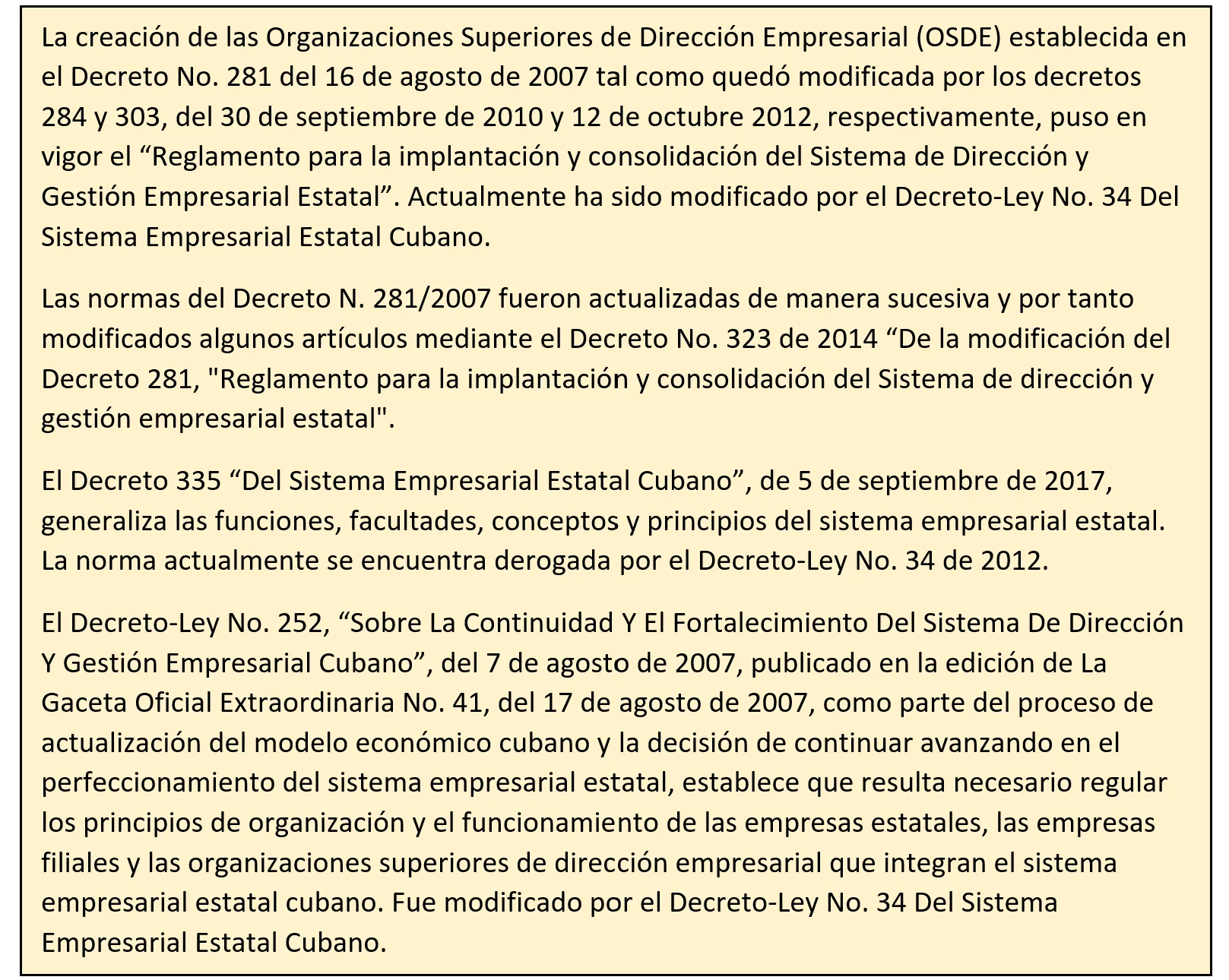 Texto de legislación en letras negras con fondo amarillo