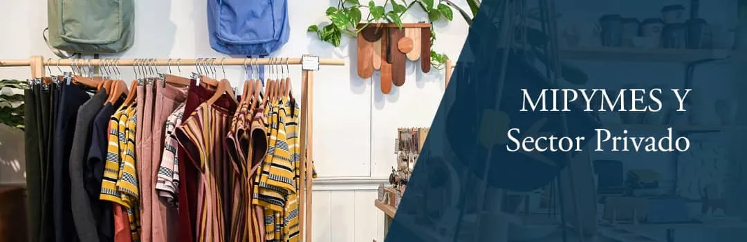 Ropa y objetos artesanales con cartel a la derecha que dice "MIPYMES y Sector Privado en letras blancas con fondo azul oscuro