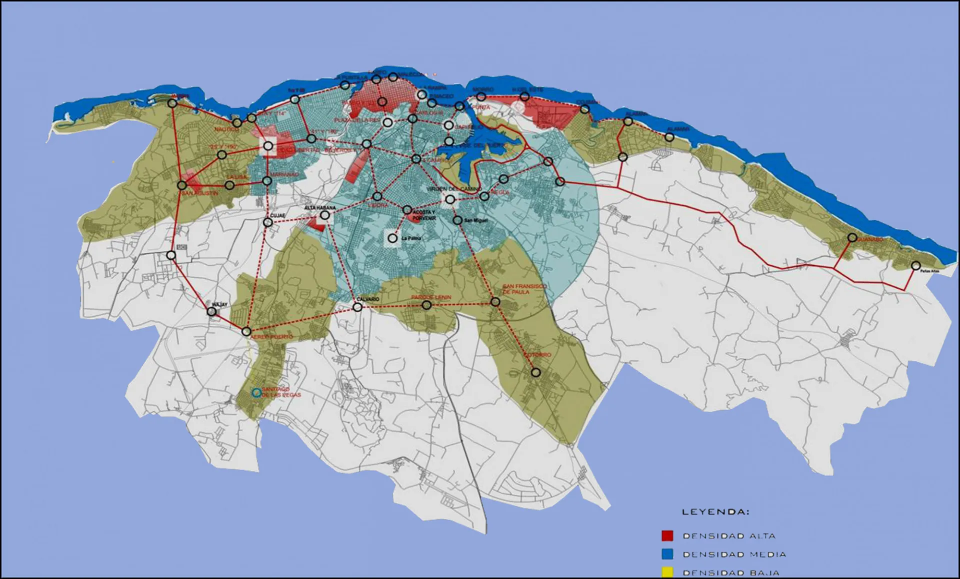 Topographical map of the city of Havana with a blue background