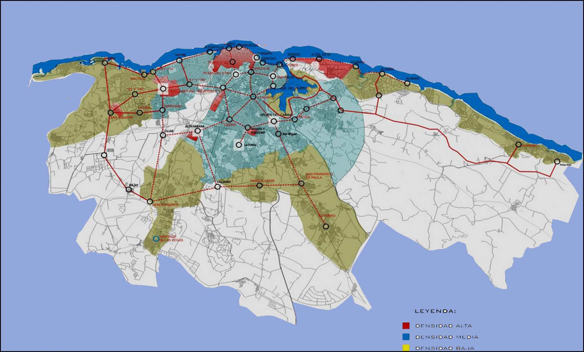 Topographical map of the city of Havana with a blue background