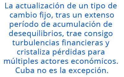 La actualización de un tipo de cambio fijo, tras un extenso período de acumulación de desequilibrios, trae consigo turbulencias financieras y cristaliza pérdidas para múltiples actores económicos. Cuba no es la excepción.