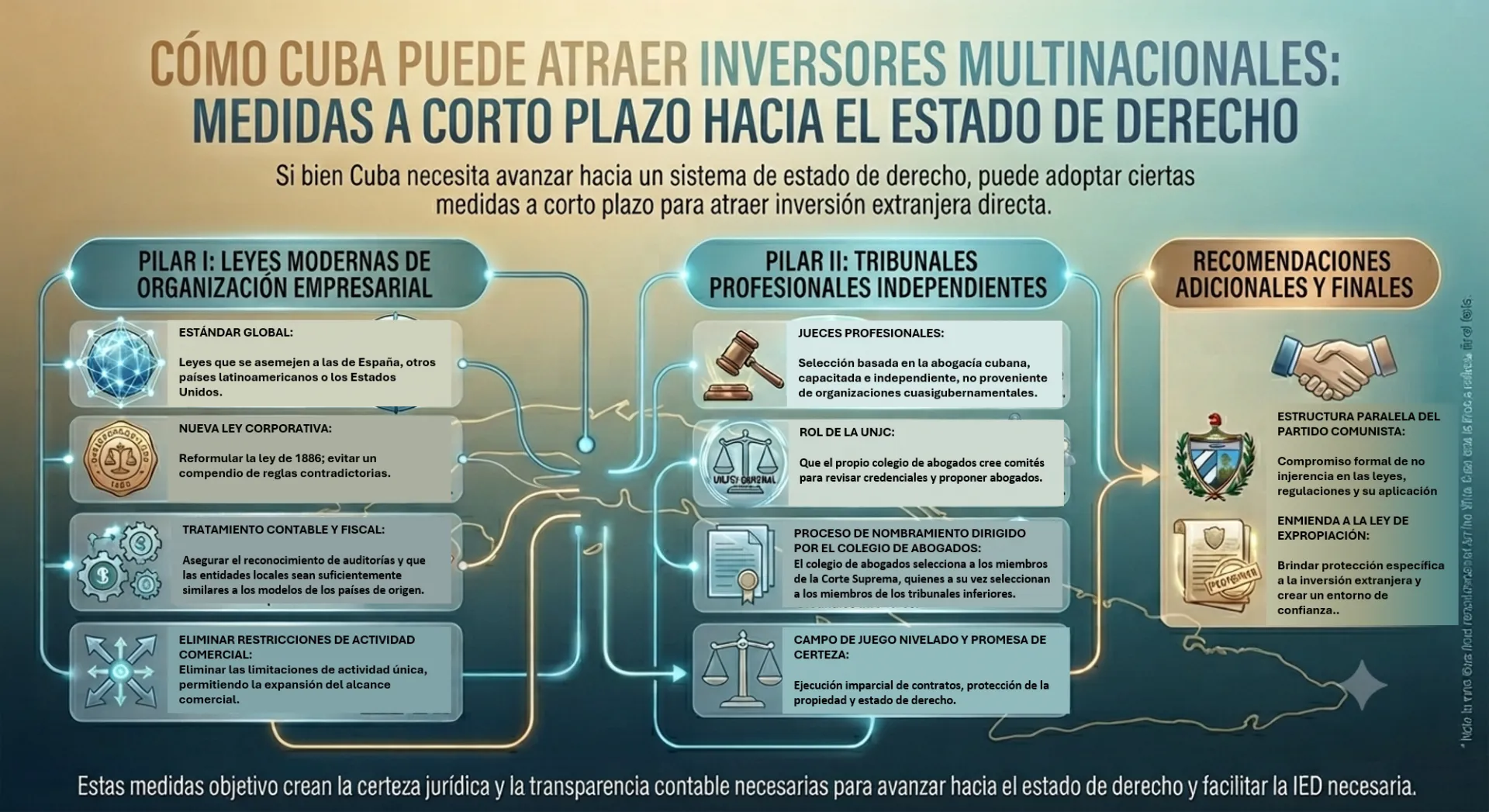 Infografía que describe medidas a corto plazo para ayudar a Cuba a atraer inversión extranjera directa mediante el fortalecimiento del estado de derecho. Está organizada en torno a tres pilares: negocios modernos.