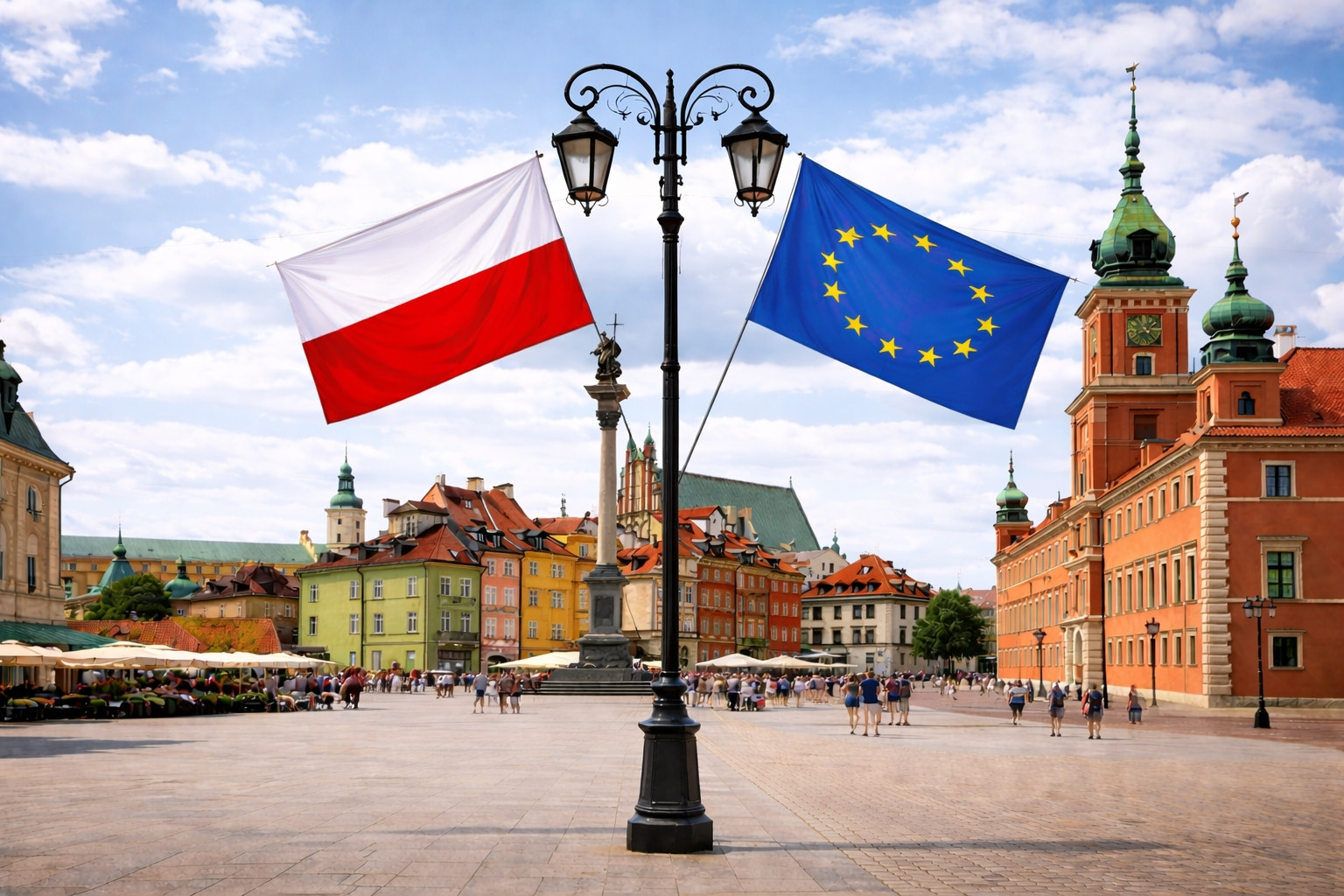 hotograph of a historic European city square, identified by its architecture as Warsaw’s Old Town. In the center of the image stands a tall black streetlamp with two lanterns. From the same pole, two flags extend outward at an angle: on the left, the Polish national flag, with horizontal white and red stripes; on the right, the European Union flag, blue with a circle of yellow stars. Behind the streetlamp, the square opens into a wide paved plaza with people walking and gathering, some near outdoor cafés. 