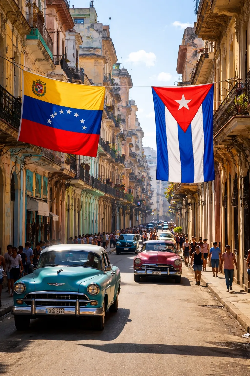 Fotografía de una calle histórica y estrecha en La Habana, Cuba, flanqueada por altos edificios coloniales envejecidos con balcones, barandillas decorativas y fachadas de colores pastel desgastadas. Entre los edificios, se suspenden dos grandes banderas nacionales a lo largo de la calle: a la izquierda, la bandera de Venezuela (franjas horizontales amarilla, azul y roja con estrellas); a la derecha, la bandera de Cuba (triángulo rojo con una estrella blanca y franjas verticales azules y blancas).