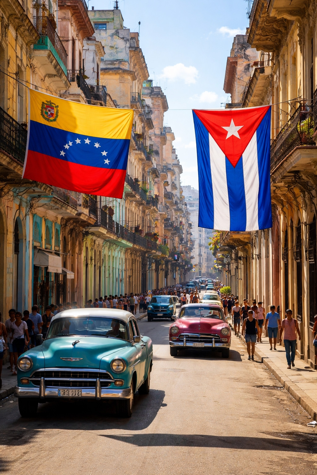 Photograph of a narrow historic street in Havana, Cuba, lined with tall, weathered colonial buildings featuring balconies, decorative railings, and peeling pastel façades. Two large national flags are suspended across the street between the buildings: on the left, the flag of Venezuela (yellow, blue, and red horizontal stripes with stars); on the right, the flag of Cuba (red triangle with a white star and blue-and-white vertical stripes).