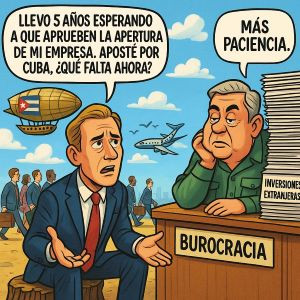 Imagen gráfica con hombre de traje azul en frente de un burócrata vestido de verde.