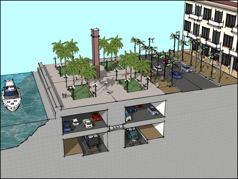 perspective drawing showing two levels of proposed tunnels, park area above with the bay to the left