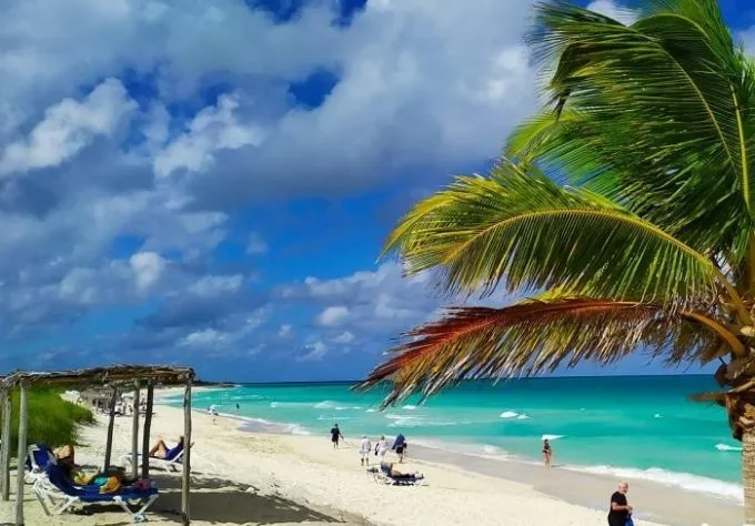 La fotografía muestra una playa de aguas turquesas y arena blanca en Cuba, con varias personas caminando, nadando y descansando junto al mar. En primer plano, una palmera se extiende sobre la playa y, a la izquierda, hay una estructura rústica con tumbonas para los visitantes. El cielo está parcialmente cubierto de nubes y la escena transmite la imagen de un destino turístico tropical de gran atractivo.