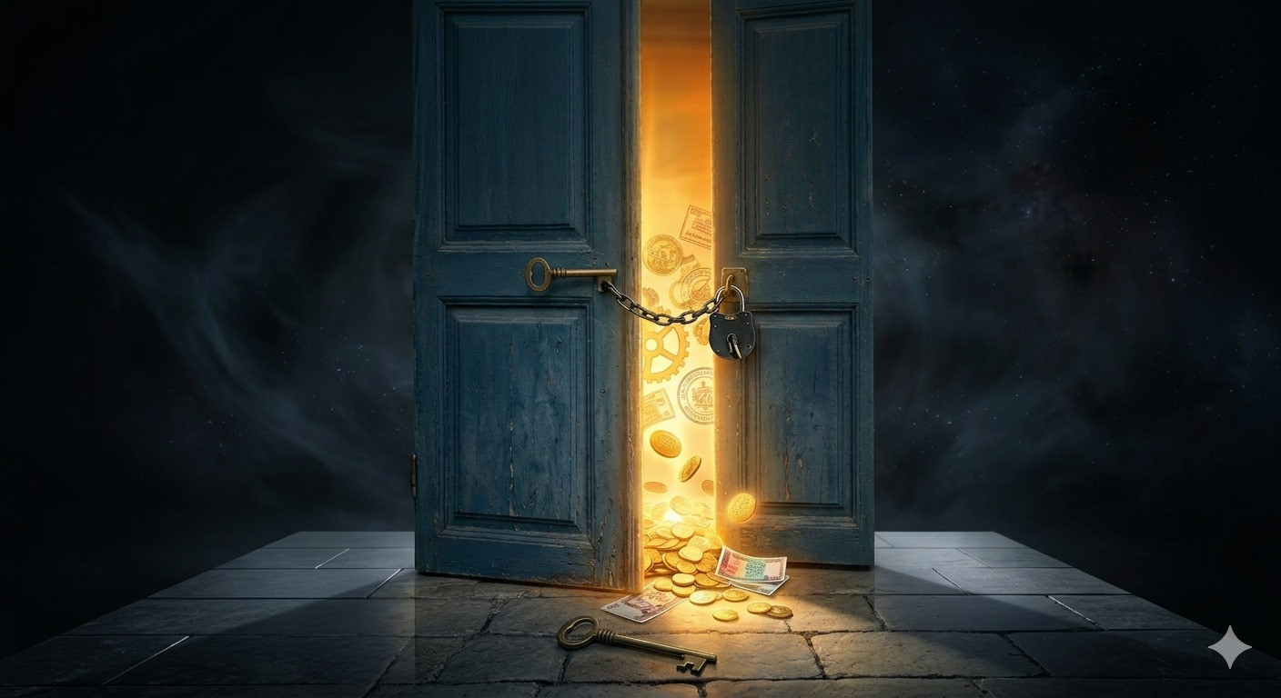 Unas puertas azules entreabiertas revelan un interior dorado de donde brotan monedas y billetes, simbolizando el potencial económico frente a la restricción. Una cadena y un candado bloquean el paso, mientras una llave solitaria yace en el suelo sugiriendo una apertura inconclusa. La imagen representa la tensión dialéctica entre la riqueza acumulada y las barreras estructurales que impiden su circulación.