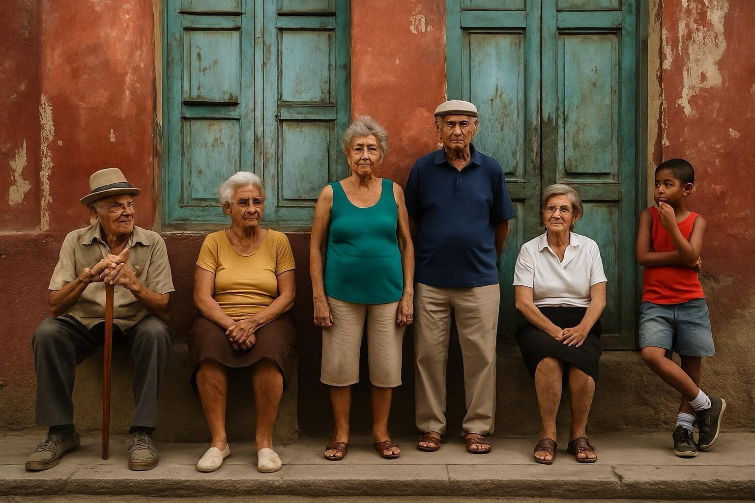 Five elderly individuals and a child standing against a red wall with green windows.
