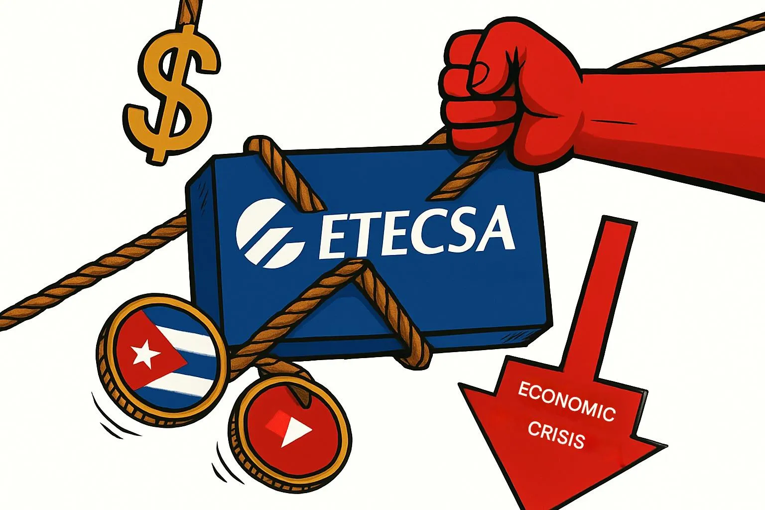 A blue ETECSA block bound by thick ropes held by a red hand. Surrounding it are symbols including a Cuban flag coin, a dangling dollar sign, and a red arrow marked “economic crisis.”