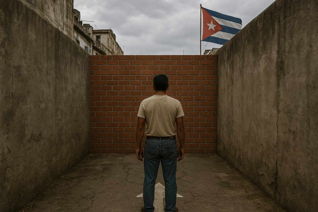 A Cuban man stands with his back to the viewer in the center of a narrow, deteriorated alley. He is wearing simple clothing: a beige T-shirt and blue denim pants. The pavement is cracked, and the concrete walls on both sides show signs of moisture and decay. In front of him, a red brick wall blocks the way, preventing any forward movement. On the wall, to the right, a slightly worn Cuban flag is waving. In the background, old and weathered buildings can be seen beneath a cloudy sky.